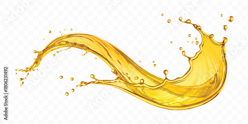 abstract smooth liquid oil splashing with droplets in curve style isolated on white background	
