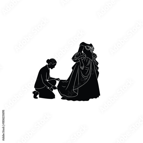Silhouette of a kneeling figure presenting a gown to a regal standing figure