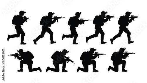 Soldier combat silhouettes collection isolated on white background, Vector