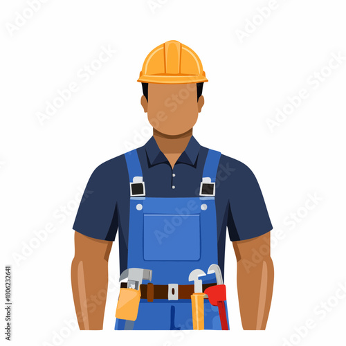 Construction worker in blue overalls and hard hat holding tools, ready for a day of work