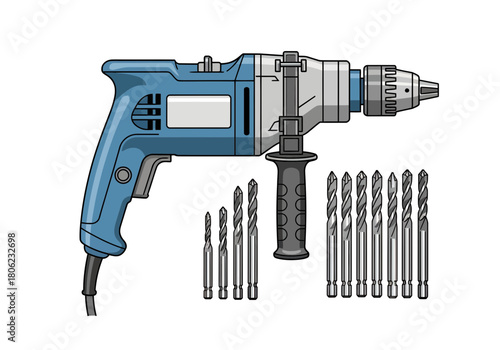 Blue cordless drill with drill bits set for construction projects.