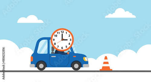 Blue car with clock driver on road