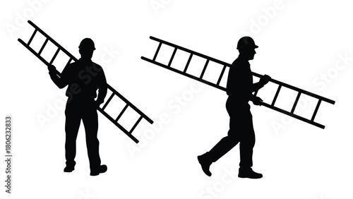 Workers carrying ladders silhouette isolated on white background, Vector
