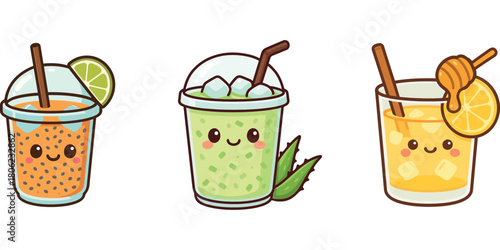 Ilustrasi jus buah semangka dan lemon soda karakter lucu