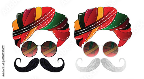 Rajasthan Turban and Moustache Vector Set | Indian Traditional Pagdi Illustration 