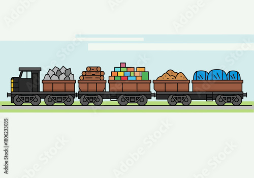 Classic Steam Locomotive With Freight Cars On Tracks.