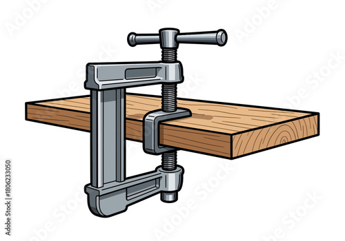 Clamp gripping wooden plank securing project board.