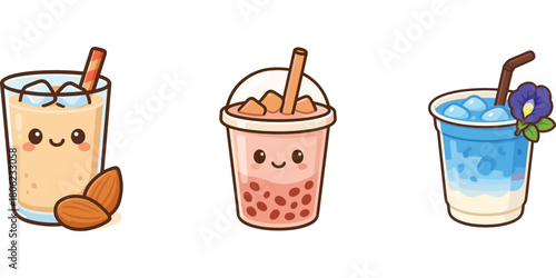 Ilustrasi bubble tea karamel dan minuman susu karakter lucu