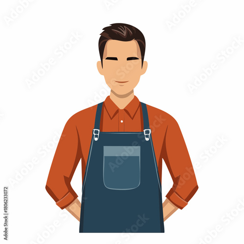 Friendly male shopkeeper wearing a blue apron, ready to assist customers with a welcoming smile