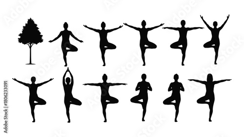 Yoga tree pose silhouettes collection isolated on white background, Vector