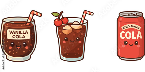 Ilustrasi vanilla cola dan minuman cola karakter lucu