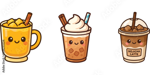 Ilustrasi kopi karamel, kopi es dan kopi krim karakter lucu