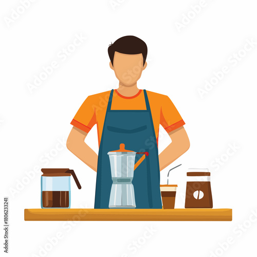 Professional barista preparing fresh coffee with a moka pot on a counter, embodying the art and dedication of coffee crafting in a vibrant café setting