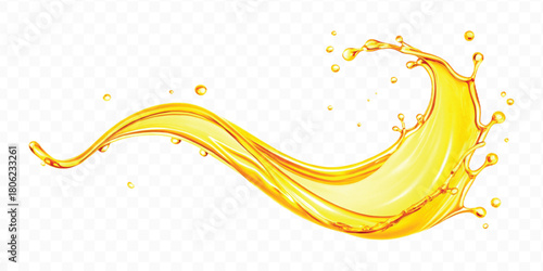 abstract smooth liquid oil splashing with droplets in curve style isolated on white background	
