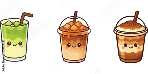 Ilustrasi matcha bubble tea, kopi latte dan minuman krim karakter lucu