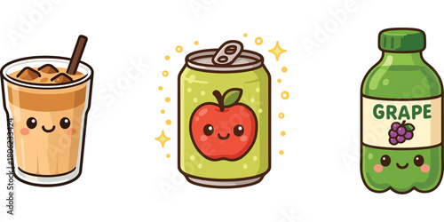 Ilustrasi es kopi susu dan jus apel anggur karakter lucu**