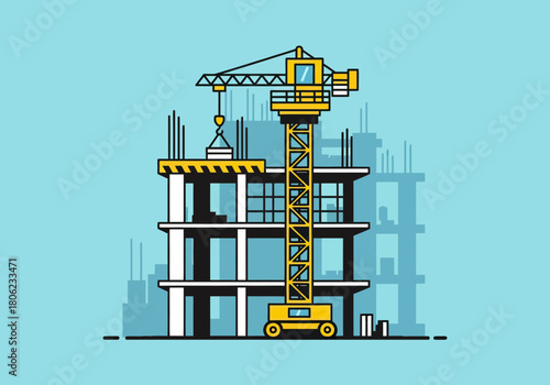 Construction Crane Over Modern Building Under Construction.