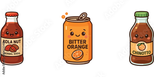 Ilustrasi minuman cola klasik dan butter soda karakter lucu**
