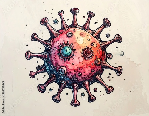 Artistic portrayal of a coronavirus cell with watercolor texture and visible spikes