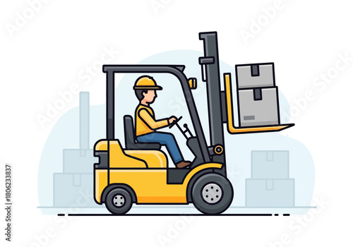 Forklift Operator Lifting Industrial Boxes at Warehouse.