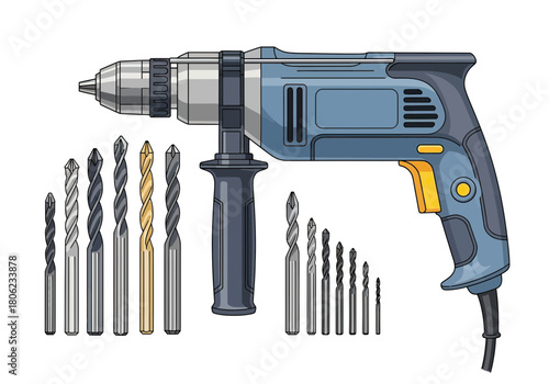 Electric Drill with Drill Bits Set Side View.
