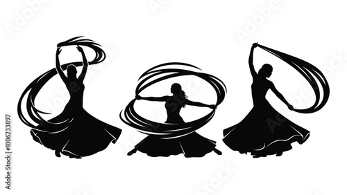 Dynamic female dancer silhouettes with flowing ribbons isolated on white background, Vector