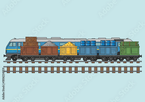 Freight train with cargo wagons on tracks side view.