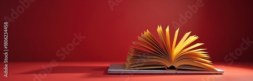 Open book lying on closed silver laptop on red background. Book pages fanned out and slightly curled. Laptop shadow falls on the red surface. Open book on laptop keyboard.