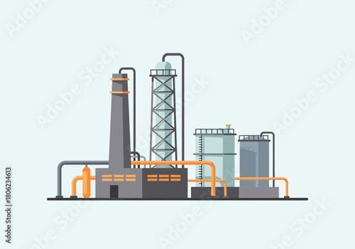 Industrial Factory Complex With Smokestack and Piping.