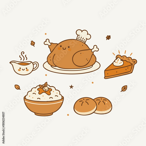 Thanksgiving Dinner Icons
“Cute doodle-style Thanksgiving dinner items — turkey, gravy boat, mashed potatoes, pie slice, bread rolls — simple minimal line art.”