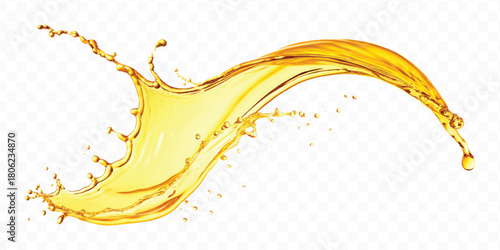 abstract smooth liquid oil splashing with droplets in curve style isolated on white background	
