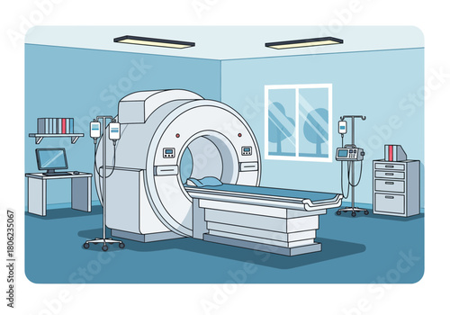Medical imaging scanner in hospital room setting.