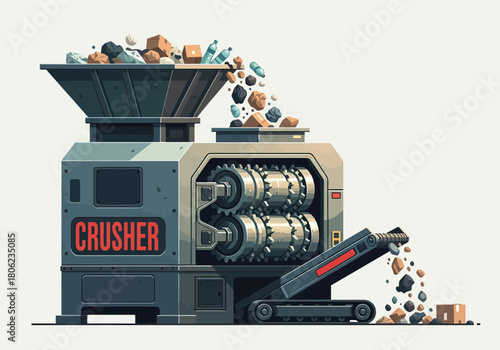 Industrial Rock Crusher Machine Crushing Rocks and Debris.