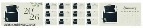 2026 year calendar template set. Botanical photo elegant design of horizontal layout pages