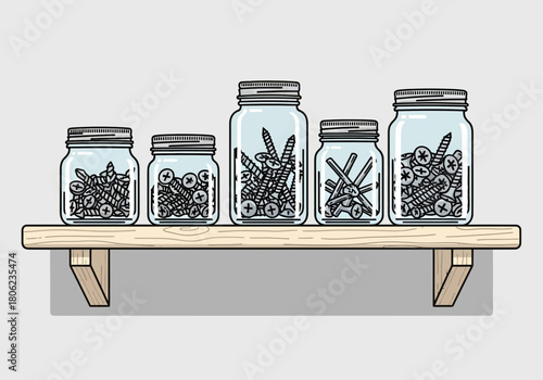 Row of jar containers on wooden shelf with preserved herbs.