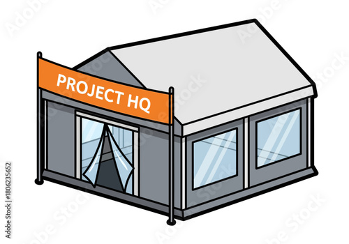 Small modern building with project HQ banner.