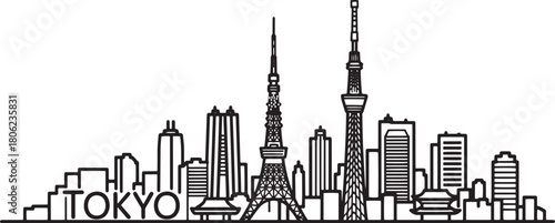 Canvas Print Silhouette of Tokyo Skyline with Famous Landmarks and Buildings Vector Illustrat