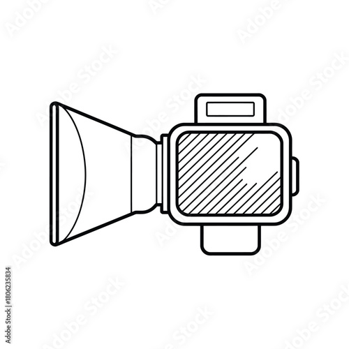 Hand drawn illustration of a vintage movie camera with a wide lens