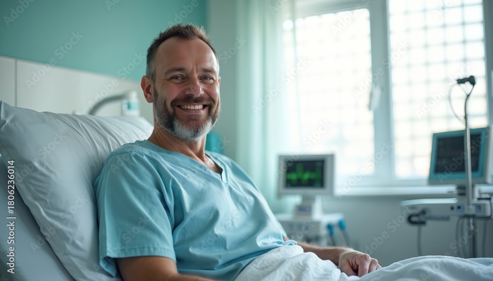 Fototapeta premium Smiling male patient sits up in hospital bed. Recovers from illness, feels positive about health. Modern medical tech monitors vital signs, showing progress. Hopeful healthcare journey, good future