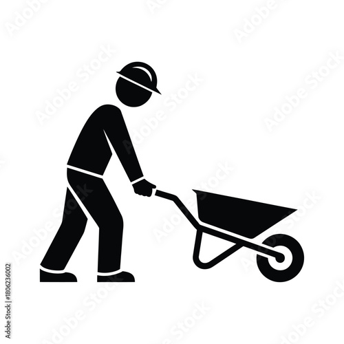 Construction worker pushing a wheelbarrow on a white background