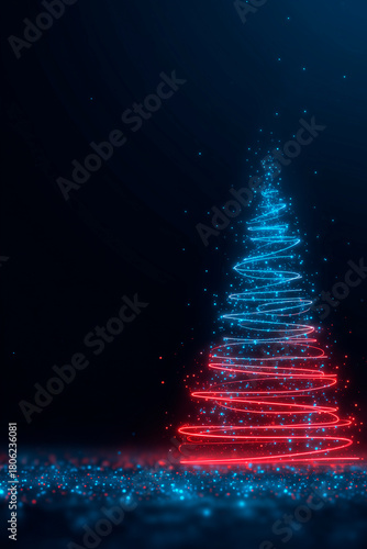 A glowing abstract Christmas tree formed by blue and red neon spirals, surrounded by sparkling particles on a dark background, creating a vibrant and festive holiday atmosphere.
