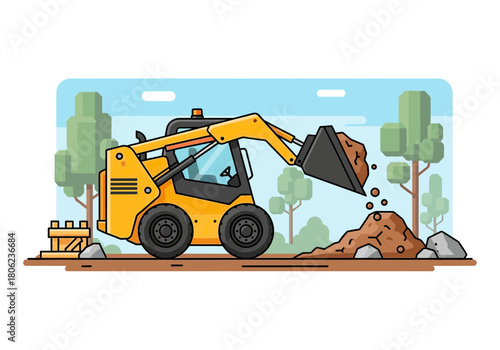 Yellow Excavator Working on Construction Site Digging Dirt.
