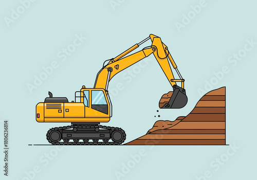 Yellow Excavator Working On Construction Site.