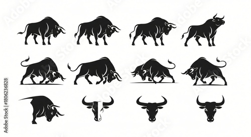 Collection of black bull and ox silhouettes in various dynamic poses and head profiles