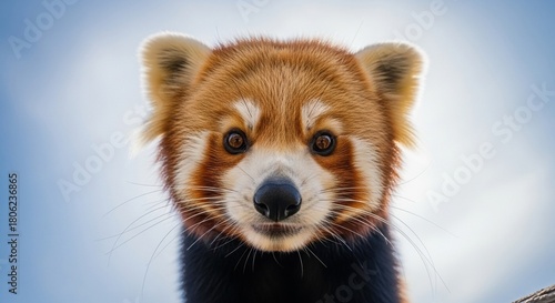 Adorable Red Panda Portrait: Close-Up, Focused Gaze, Sky Background.