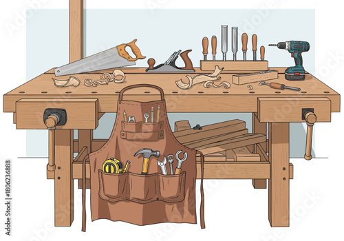 Woodworking Workbench with Tools and Leather Tool Belt.