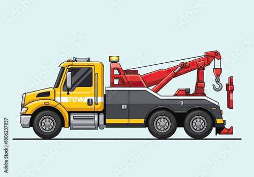 Yellow tow truck with crane and hook ready for recovery.