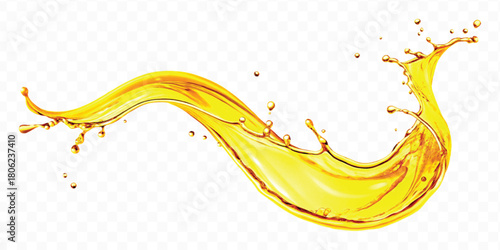 abstract smooth liquid oil splashing with droplets in curve style isolated on white background	
