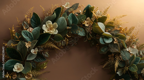 A luxurious botanical arrangement featuring deep-green velvet leaves, soft sage ferns, and pastel petals in a semicircular layout with warm light and a clean top-down composition.