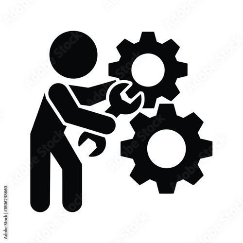 Person working on gears with a wrench icon